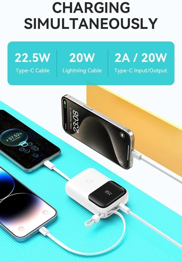 Universal 22.5W Fast Charging Power Bank 10000mAh – LED Display & Built-in Cable