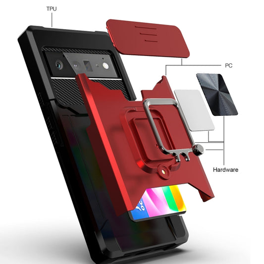 Sliding Camera Cover Design PC + TPU Shockproof Case with Ring Holder & Card Slot, For Google Pixel 6 Pro, For Samsung Galaxy A52, For Samsung Galaxy A72, For Samsung Galaxy S21, For Samsung Galaxy S21+, For Samsung Galaxy A12