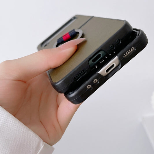 Two-color Cowhide Texture Protective Phone Case with Ring Buckle, For Samsung Galaxy Z Flip4