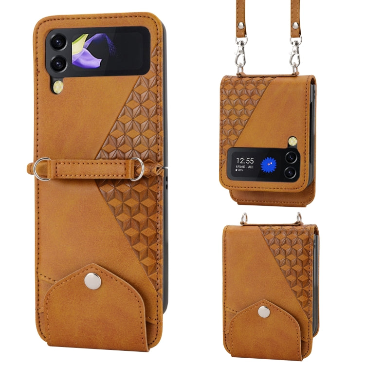 Cubic Grid Calf Texture Leather Phone Case with Neck Lanyard, For Samsung Galaxy Z Fold4, For Samsung Galaxy Z Fold3 5G, For Samsung Galaxy Z Flip4, For Samsung Galaxy Z Flip3 5G