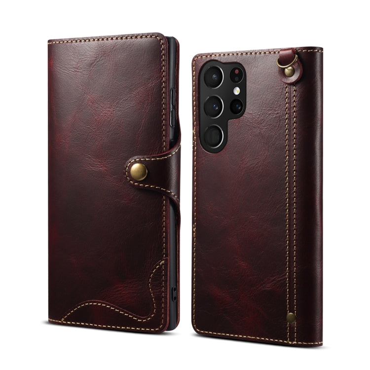 Denior Oil Wax Cowhide Magnetic Button Genuine Leather Case