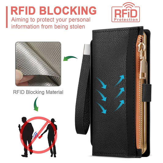 Celebrity Series RFID Anti-theft Brush Phone Leather Case with Pen Slot