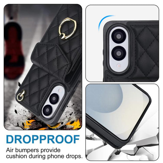 Rhombic Texture Card Bag Phone Case with Long Lanyard