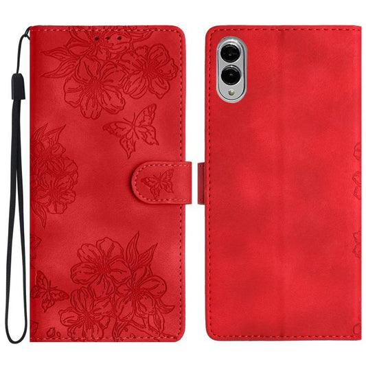 Cherry Blossom Butterfly Skin Feel Embossed PU Phone Case