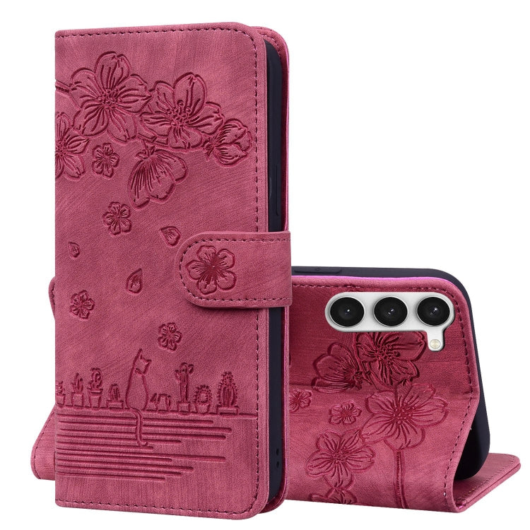 Cartoon Sakura Cat Embossed Leather Phone Case