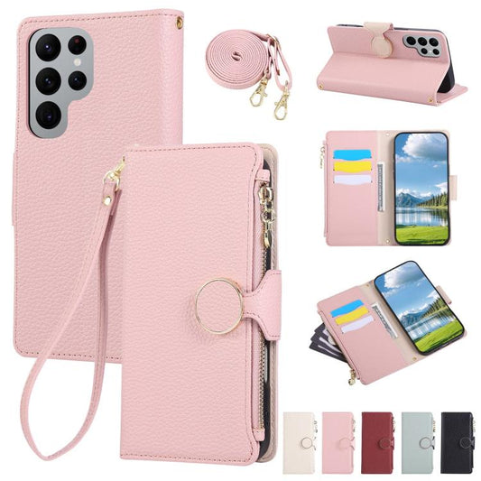Round Buckle Zipper Wallet Leather Phone Case with Crossbody Strap, For Samsung Galaxy S22 Ultra 5G, For Samsung Galaxy S22+ 5G, For Samsung Galaxy S22 5G, For Samsung Galaxy S21 FE 5G, For Samsung Galaxy S21 5G, For Samsung Galaxy S21+ 5G