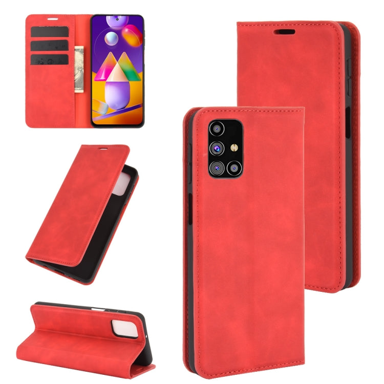 For Samsung Galaxy M31s Retro-skin Business Magnetic Suction Leather Case with Holder & Card Slots & Wallet