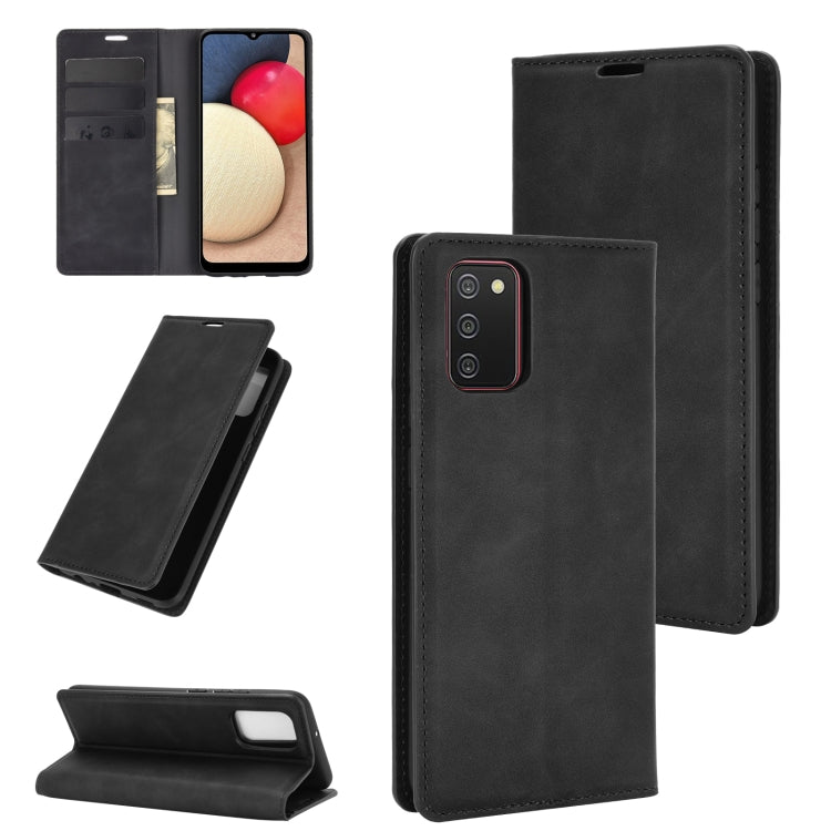 For Samsung Galaxy A02s Retro-skin Business Magnetic Suction Leather Case with Holder & Card Slots & Wallet