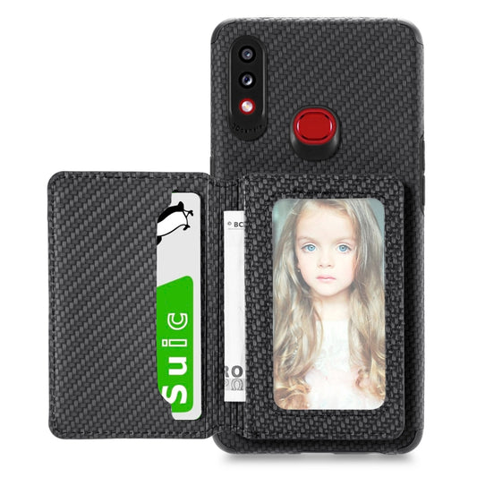 Carbon Fiber Magnetic Card Bag TPU+PU Shockproof Back Cover Case with Holder & Card Slot & Photo Frame