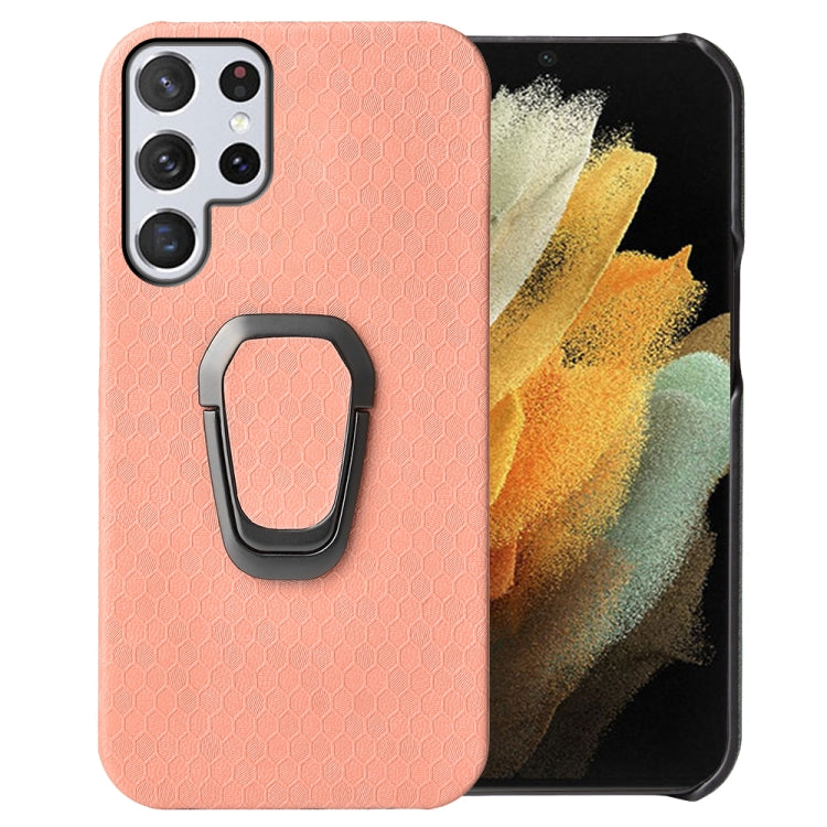 Ring Holder Honeycomb PU Phone Case For Samsung Galaxy S22 Ultra 5G