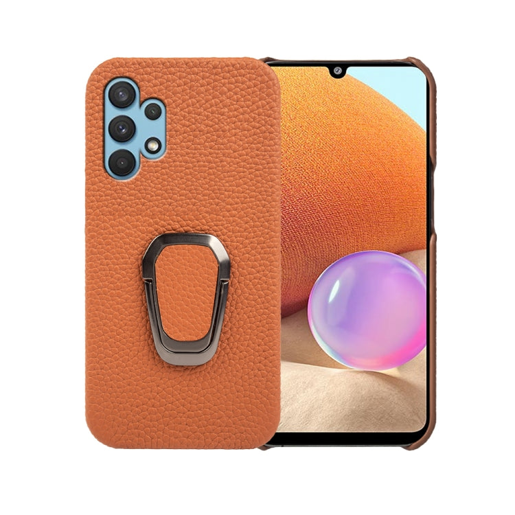 For Samsung Galaxy A32 4G Ring Holder Litchi Texture Genuine Leather Phone Case