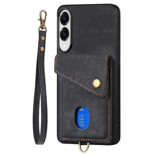 Retro Card Wallet Fold Leather Phone Case with Strap