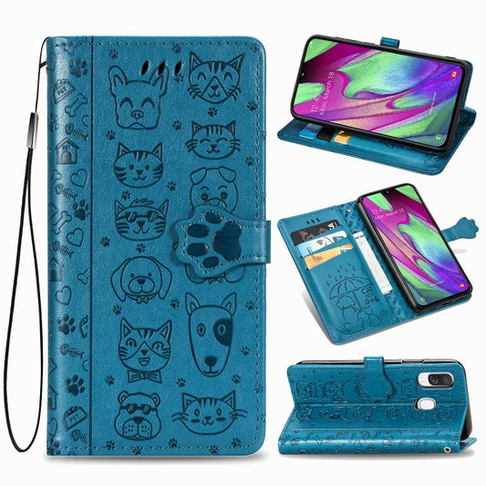 For Galaxy A40 Cute Cat and Dog Embossed Horizontal Flip Leather Case with Bracket / Card Slot / Wallet / Lanyard