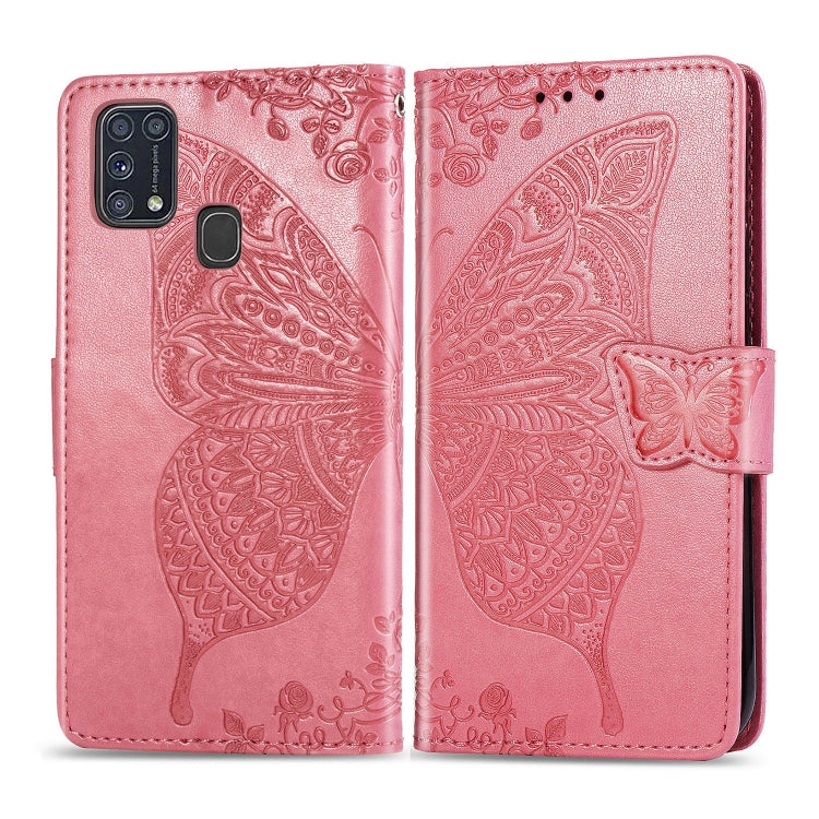 For Galaxy M31 Butterfly Love Flower Embossed Horizontal Flip Leather Case with Bracket / Card Slot / Wallet / Lanyard