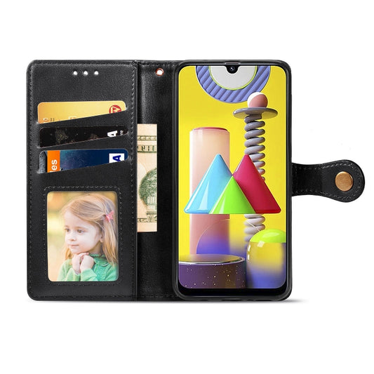 For Galaxy M31 Retro Solid Color Leather Buckle Phone Case with Lanyard & Photo Frame & Card Slot & Wallet & Stand Function