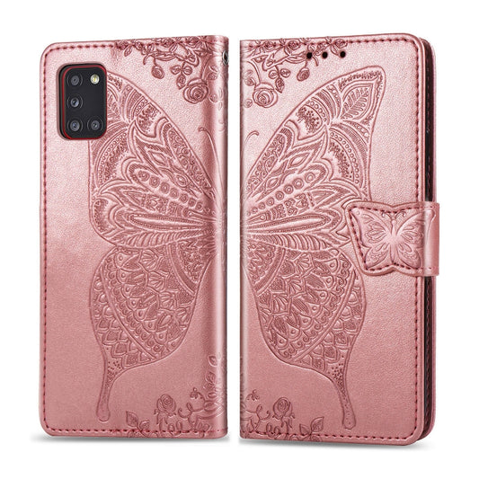 For Galaxy A31 Butterfly Love Flower Embossed Horizontal Flip Leather Case with Bracket / Card Slot / Wallet / Lanyard