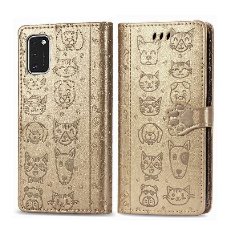 For Galaxy A41 Cute Cat and Dog Embossed Horizontal Flip Leather Case with Bracket / Card Slot / Wallet / Lanyard
