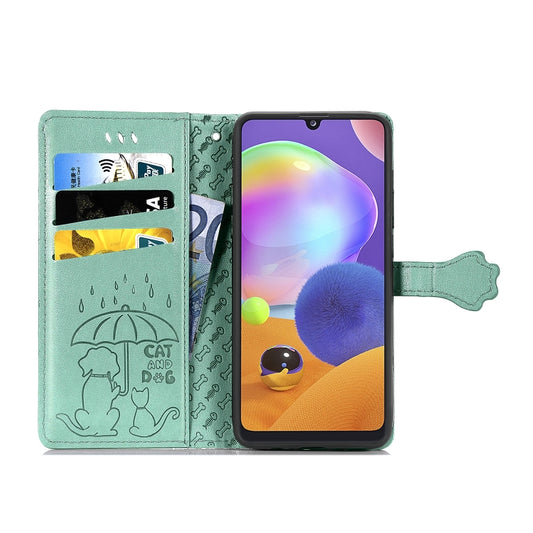 For Galaxy A31 Cute Cat and Dog Embossed Horizontal Flip Leather Case with Bracket / Card Slot / Wallet / Lanyard