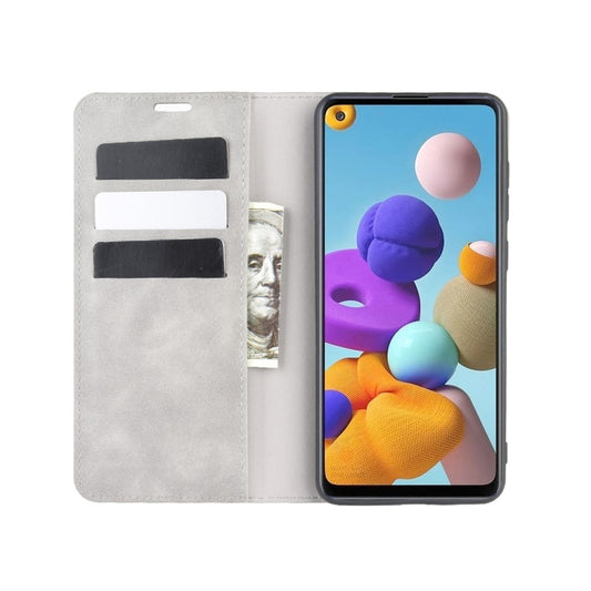 For Galaxy A21s Retro-skin Business Magnetic Suction Leather Case with Holder & Card Slots & Wallet
