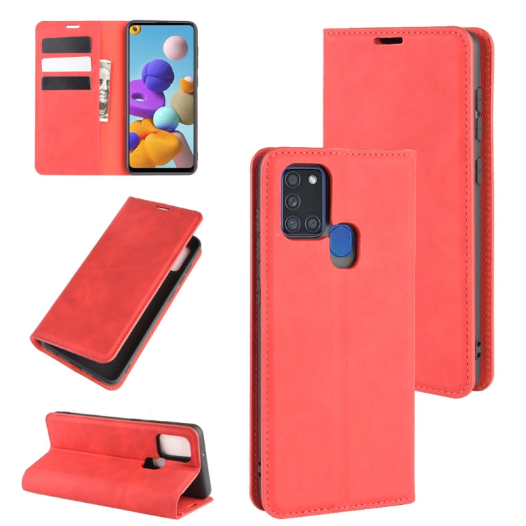 For Galaxy A21s Retro-skin Business Magnetic Suction Leather Case with Holder & Card Slots & Wallet