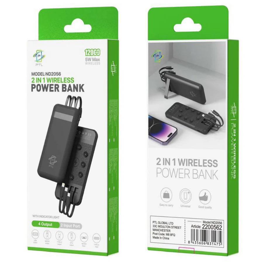 2-in-1 Wireless Power Bank – 12,000mAh Portable Charger with 5W Fast Charging & Adjustable Stand