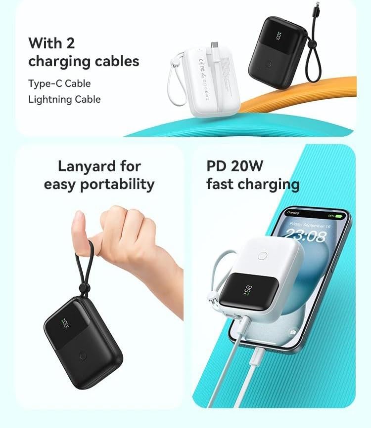 Universal 22.5W Fast Charging Power Bank 10000mAh – LED Display & Built-in Cable