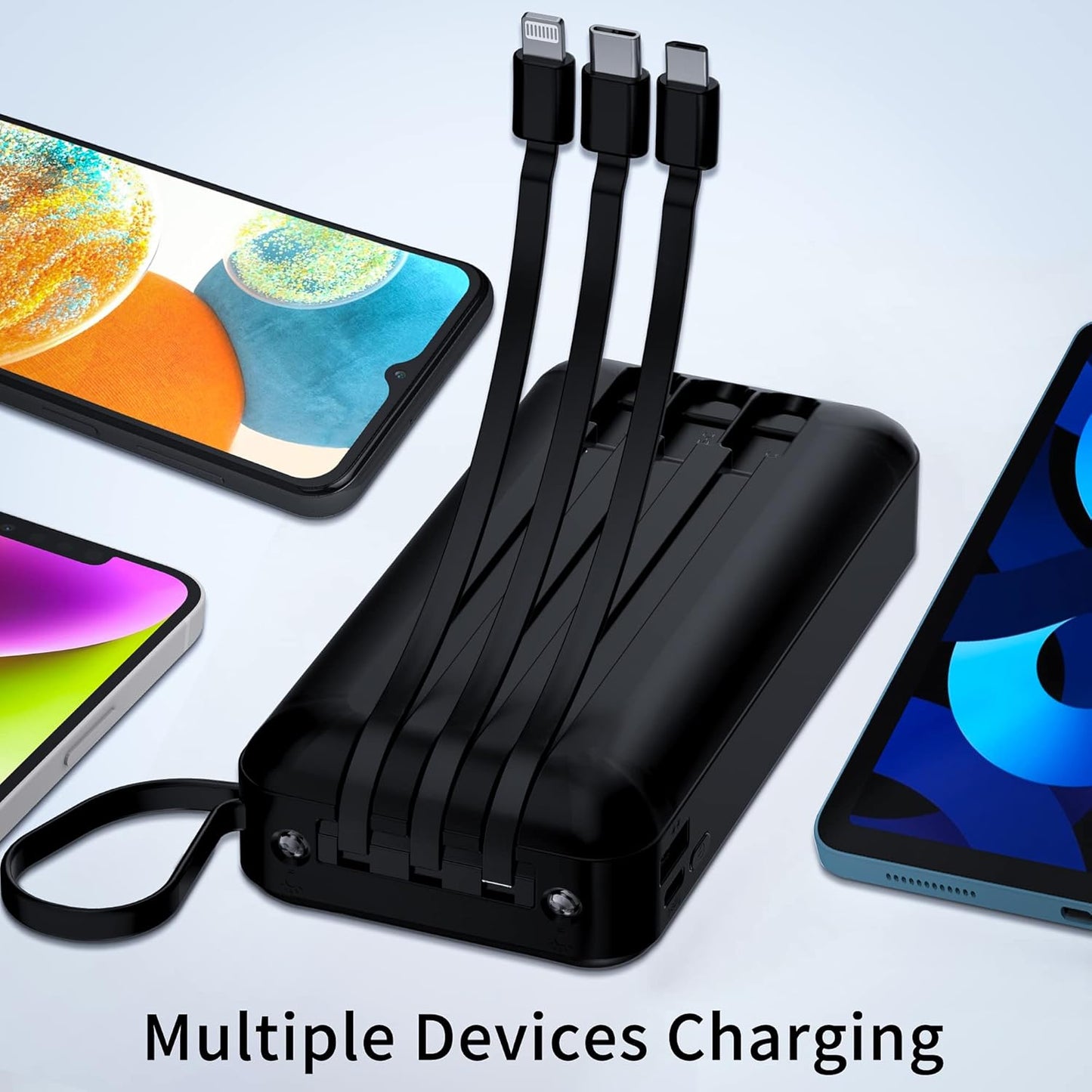 20000mAh Portable Power Bank with 4 Built-in Cables and 6 Outputs for iPhone/Samsung