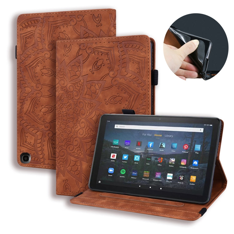 Calf Pattern Double Folding Design Embossed Leather Case with Holder & Card Slots & Pen Slot & Elastic Band, For Samsung Galaxy Tab A7 Lite 8.7 (2021) T220 / T225, For Amazon Fire HD 10 / 10 Plus (2021)
