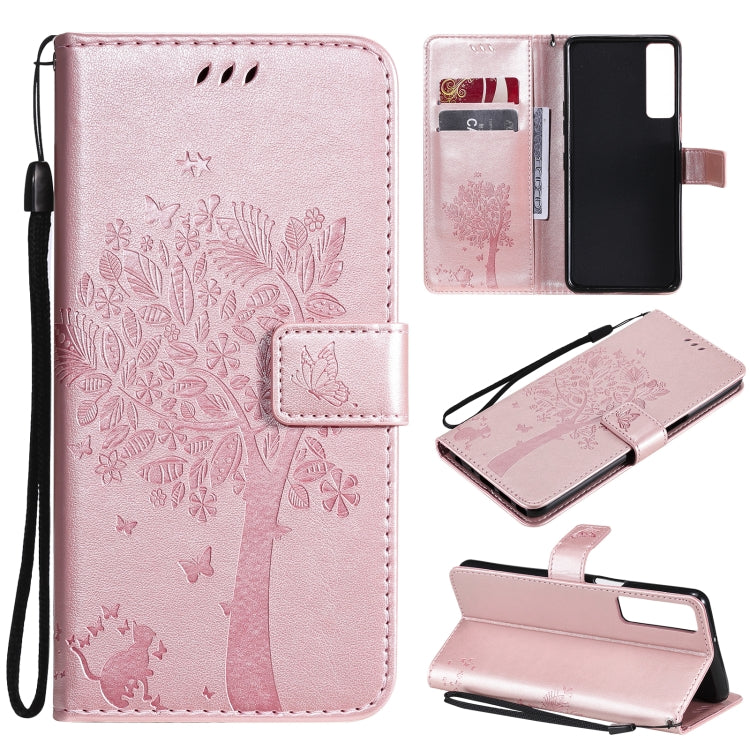 Tree & Cat Pattern Pressed Printing Horizontal Flip PU Leather Case with Holder & Card Slots & Wallet & Lanyard, For LG Stylo 7 5G / 4G, For OPPO F19 / A74 4G, For OPPO A93 5G / A74 5G, For OPPO A94 4G / F19 Pro / Reno 5F