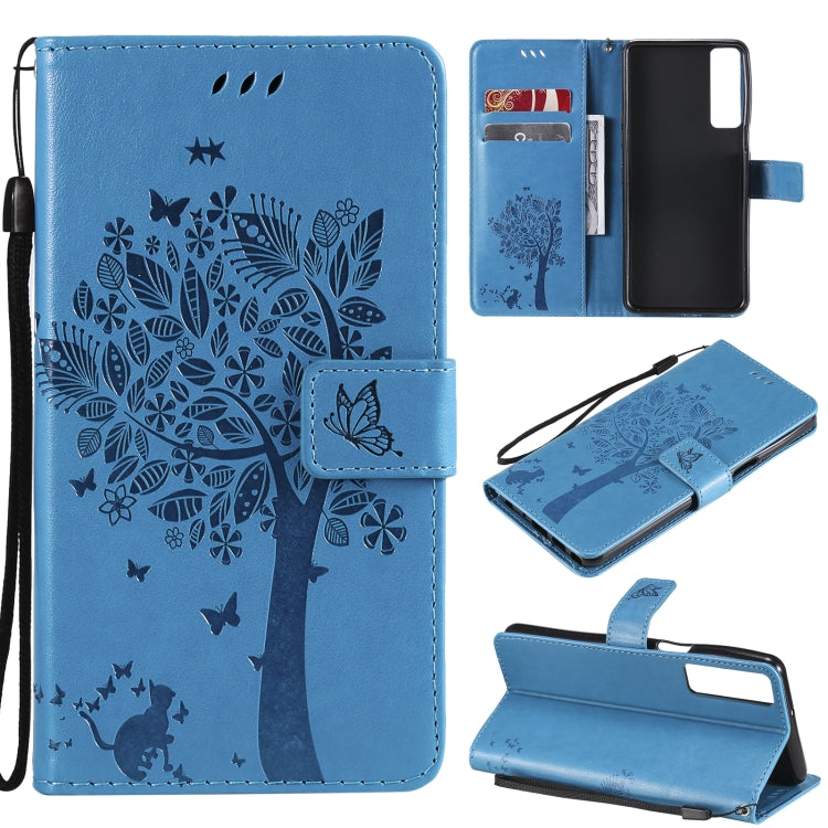 Tree & Cat Pattern Pressed Printing Horizontal Flip PU Leather Case with Holder & Card Slots & Wallet & Lanyard, For LG Stylo 7 5G / 4G, For OPPO F19 / A74 4G, For OPPO A93 5G / A74 5G, For OPPO A94 4G / F19 Pro / Reno 5F