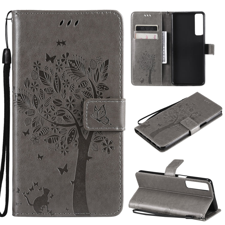 Tree & Cat Pattern Pressed Printing Horizontal Flip PU Leather Case with Holder & Card Slots & Wallet & Lanyard, For LG Stylo 7 5G / 4G, For OPPO F19 / A74 4G, For OPPO A93 5G / A74 5G, For OPPO A94 4G / F19 Pro / Reno 5F