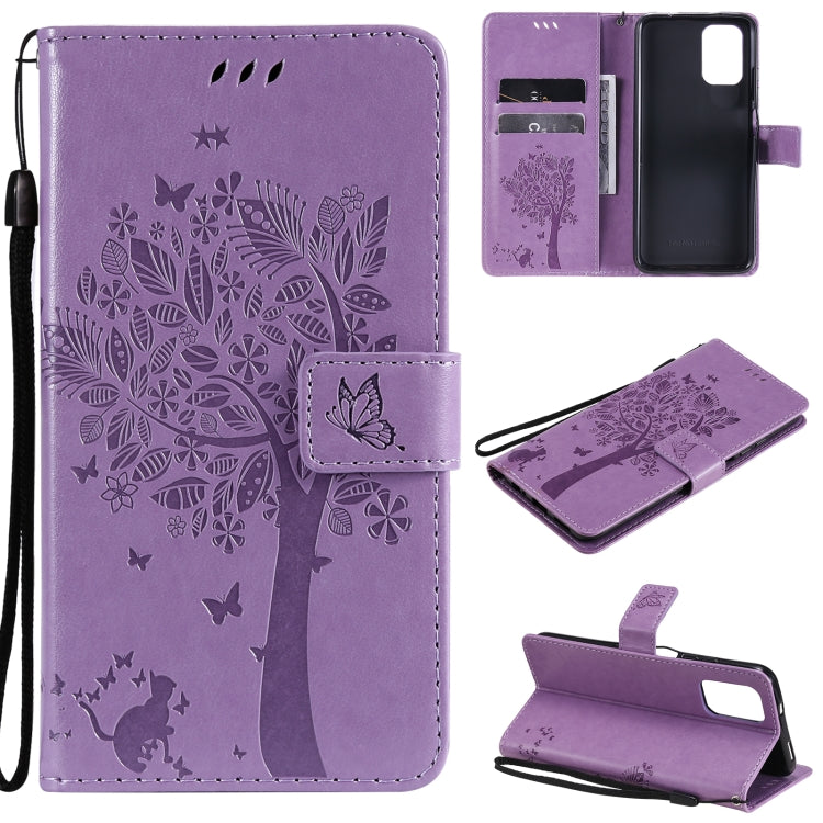 Tree & Cat Pattern Pressed Printing Horizontal Flip PU Leather Case with Holder & Card Slots & Wallet & Lanyard, For Xiaomi Redmi Note 10 4G, For Xiaomi Redmi Note 10 Pro, For Samsung Galaxy A32 4G, For Samsung Galaxy S21 FE