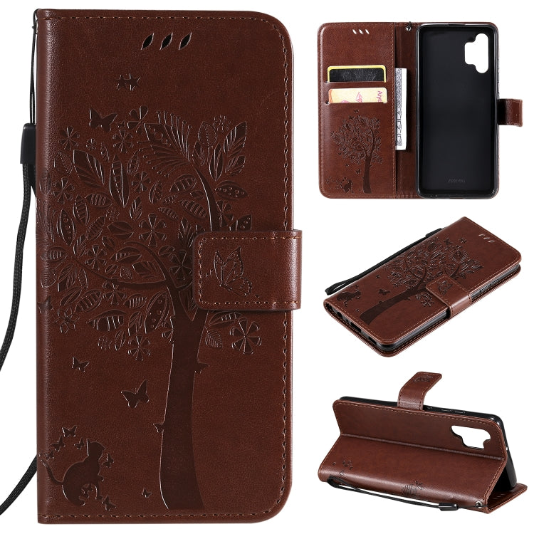 Tree & Cat Pattern Pressed Printing Horizontal Flip PU Leather Case with Holder & Card Slots & Wallet & Lanyard, For Xiaomi Redmi Note 10 4G, For Xiaomi Redmi Note 10 Pro, For Samsung Galaxy A32 4G, For Samsung Galaxy S21 FE