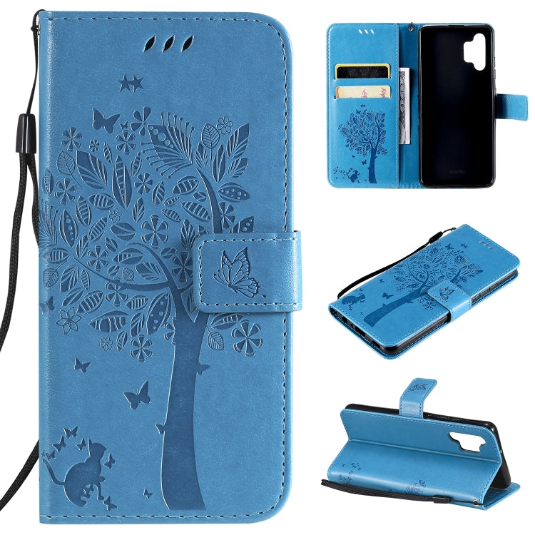 Tree & Cat Pattern Pressed Printing Horizontal Flip PU Leather Case with Holder & Card Slots & Wallet & Lanyard, For Xiaomi Redmi Note 10 4G, For Xiaomi Redmi Note 10 Pro, For Samsung Galaxy A32 4G, For Samsung Galaxy S21 FE