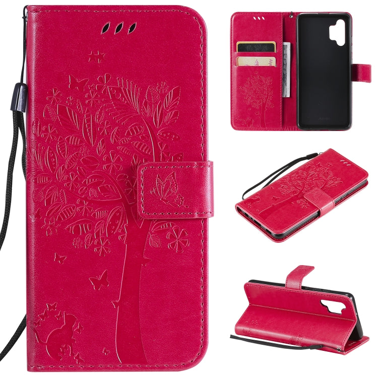 Tree & Cat Pattern Pressed Printing Horizontal Flip PU Leather Case with Holder & Card Slots & Wallet & Lanyard, For Xiaomi Redmi Note 10 4G, For Xiaomi Redmi Note 10 Pro, For Samsung Galaxy A32 4G, For Samsung Galaxy S21 FE