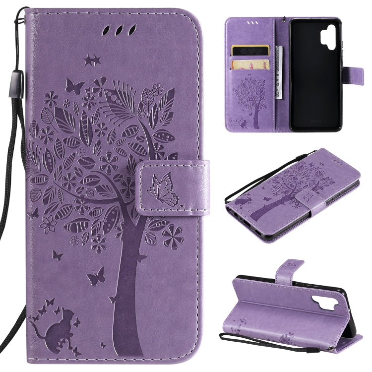 Tree & Cat Pattern Pressed Printing Horizontal Flip PU Leather Case with Holder & Card Slots & Wallet & Lanyard, For Xiaomi Redmi Note 10 4G, For Xiaomi Redmi Note 10 Pro, For Samsung Galaxy A32 4G, For Samsung Galaxy S21 FE