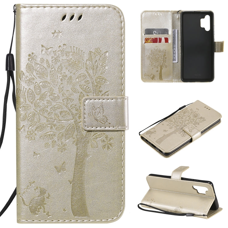 Tree & Cat Pattern Pressed Printing Horizontal Flip PU Leather Case with Holder & Card Slots & Wallet & Lanyard, For Xiaomi Redmi Note 10 4G, For Xiaomi Redmi Note 10 Pro, For Samsung Galaxy A32 4G, For Samsung Galaxy S21 FE