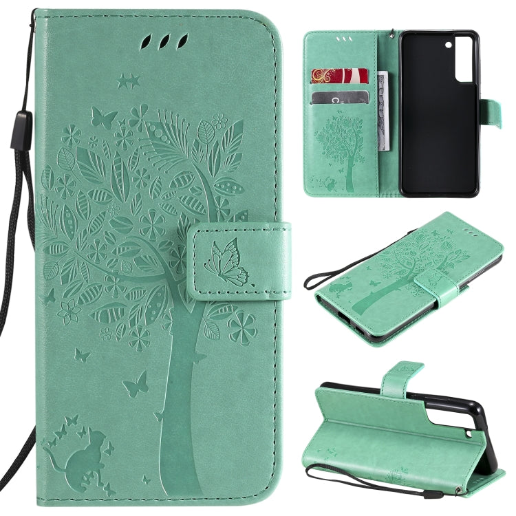 Tree & Cat Pattern Pressed Printing Horizontal Flip PU Leather Case with Holder & Card Slots & Wallet & Lanyard, For Xiaomi Redmi Note 10 4G, For Xiaomi Redmi Note 10 Pro, For Samsung Galaxy A32 4G, For Samsung Galaxy S21 FE