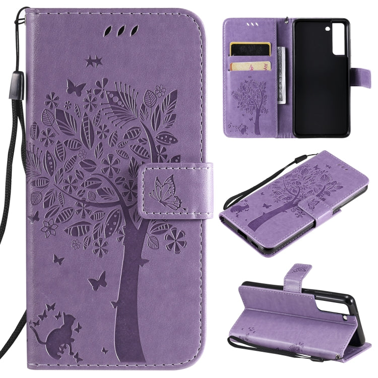 Tree & Cat Pattern Pressed Printing Horizontal Flip PU Leather Case with Holder & Card Slots & Wallet & Lanyard, For Xiaomi Redmi Note 10 4G, For Xiaomi Redmi Note 10 Pro, For Samsung Galaxy A32 4G, For Samsung Galaxy S21 FE