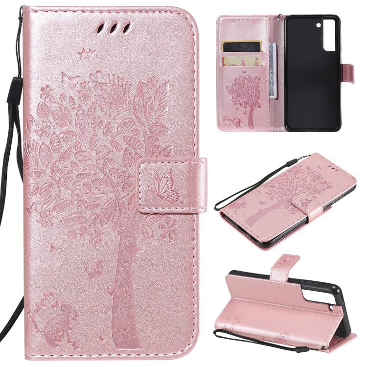 Tree & Cat Pattern Pressed Printing Horizontal Flip PU Leather Case with Holder & Card Slots & Wallet & Lanyard, For Xiaomi Redmi Note 10 4G, For Xiaomi Redmi Note 10 Pro, For Samsung Galaxy A32 4G, For Samsung Galaxy S21 FE