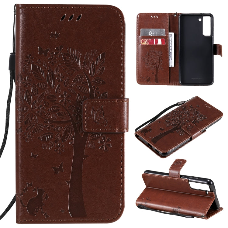 Tree & Cat Pattern Pressed Printing Horizontal Flip PU Leather Case with Holder & Card Slots & Wallet & Lanyard, For Xiaomi Redmi Note 10 4G, For Xiaomi Redmi Note 10 Pro, For Samsung Galaxy A32 4G, For Samsung Galaxy S21 FE
