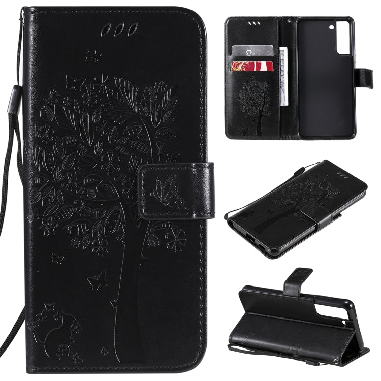Tree & Cat Pattern Pressed Printing Horizontal Flip PU Leather Case with Holder & Card Slots & Wallet & Lanyard, For Xiaomi Redmi Note 10 4G, For Xiaomi Redmi Note 10 Pro, For Samsung Galaxy A32 4G, For Samsung Galaxy S21 FE