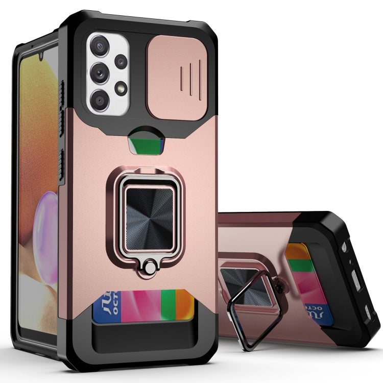 Sliding Camera Cover Design PC + TPU Shockproof Case with Ring Holder & Card Slot, For Samsung Galaxy A32 4G