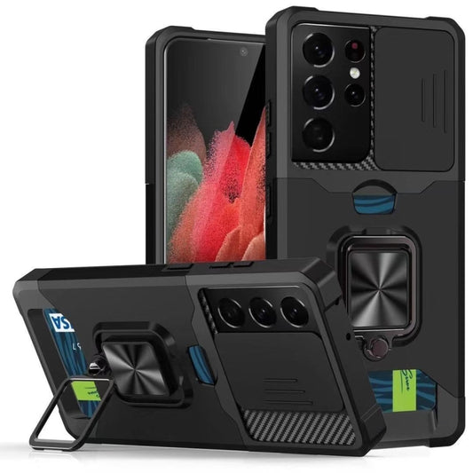 Sliding Camera Cover Design PC + TPU Shockproof Case with Ring Holder & Card Slot, For Samsung Galaxy S21 Ultra 5G