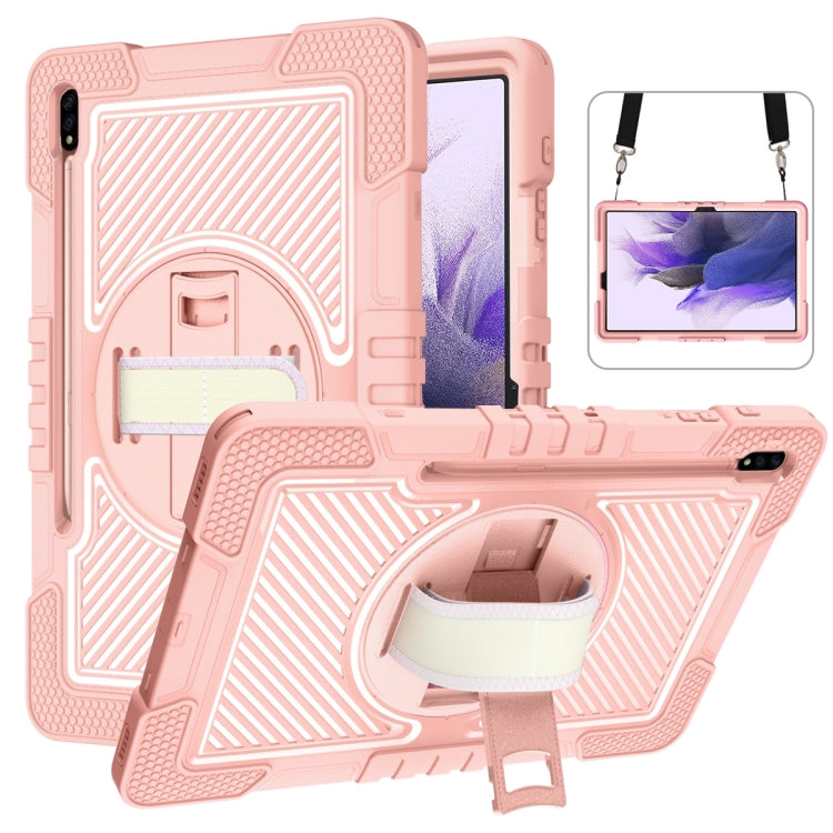 360 Degree Rotation Contrast Color Shockproof Silicone + PC Case with Holder & Hand Grip Strap & Shoulder Strap, For Samsung Galaxy Tab S7 FE T730 / T735