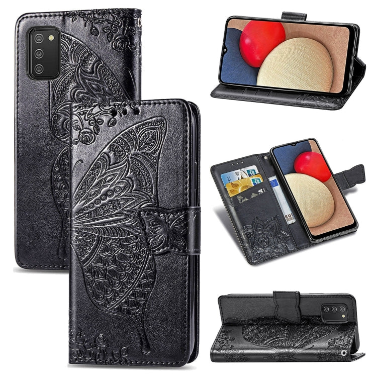 Butterfly Love Flowers Embossed Horizontal Flip Leather Case with Holder & Card Slots & Wallet & Lanyard, For Samsung Galaxy A03s 166mm