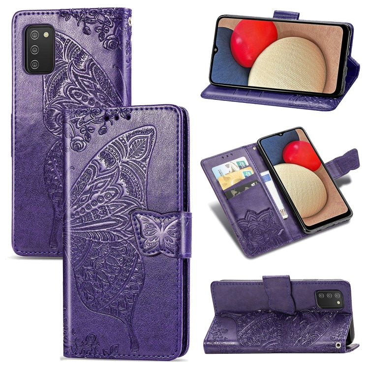 Butterfly Love Flowers Embossed Horizontal Flip Leather Case with Holder & Card Slots & Wallet & Lanyard, For Samsung Galaxy A03s 166mm