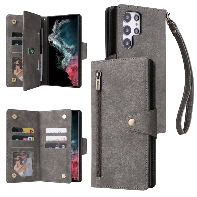 Rivet Buckle 9 Cards Three Fold Leather Phone Case