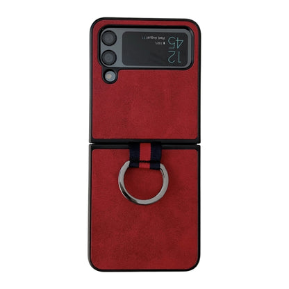 Two-color Cowhide Texture Protective Phone Case with Ring Buckle, For Samsung Galaxy Z Flip4