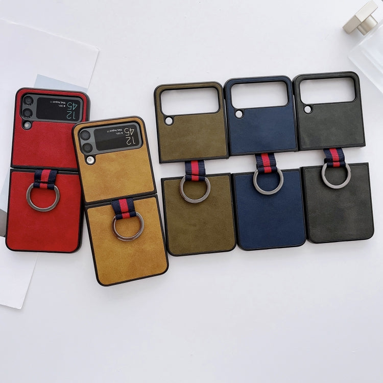 Two-color Cowhide Texture Protective Phone Case with Ring Buckle, For Samsung Galaxy Z Flip4